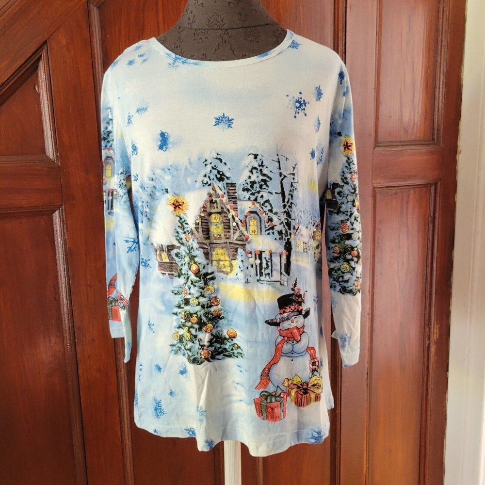 Collections Etc Womens Medium Top T Shirt Winter Scene Cotton 3/4 Slv Knit New